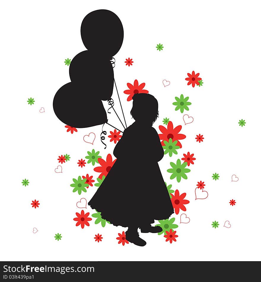 Little Girl's Silhouette with red and green flowers