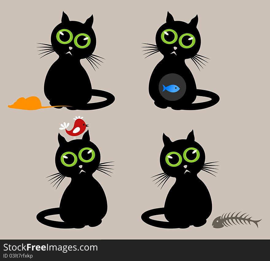 Black cat with different animals. A illustration. Black cat with different animals. A illustration