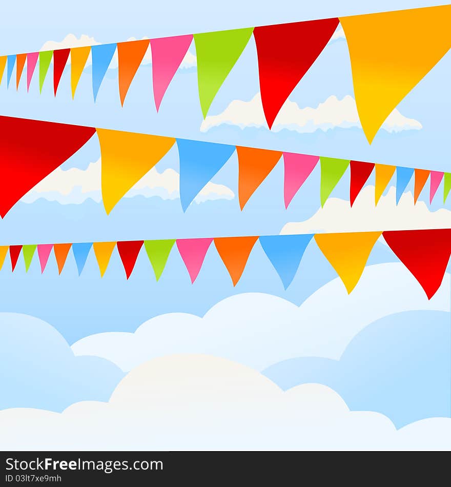 Flags of different colours develop in the sky. A illustration