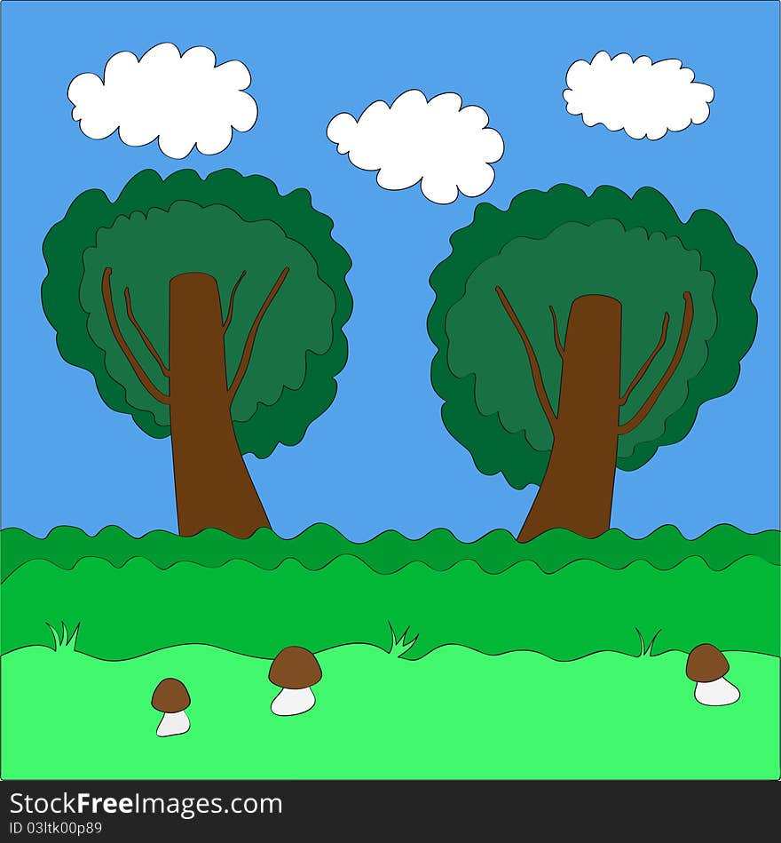 Mushrooms against green trees