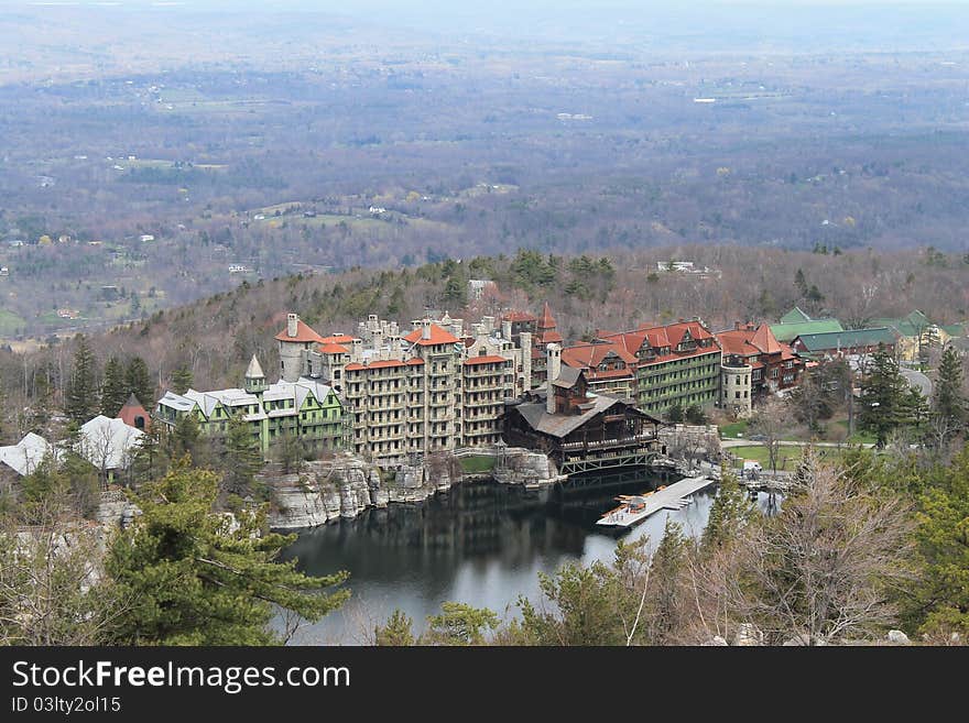 Looking down on Mohonk Lake and Mohonk Mountain House resort in the Shawangunk Mountains of New York