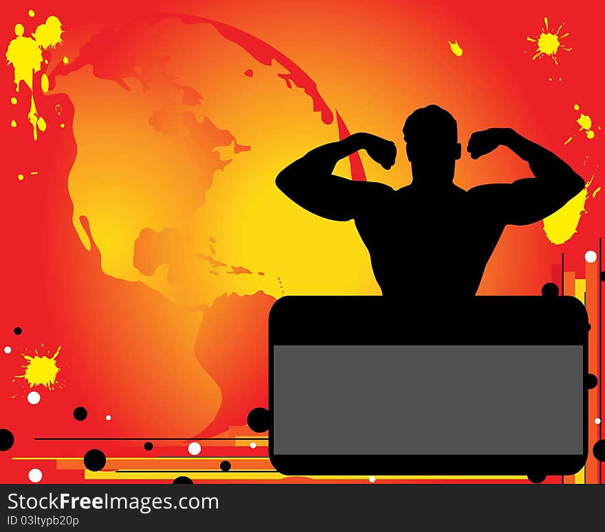 Silhouette of body-builder on red background. The Earth. Silhouette of body-builder on red background. The Earth