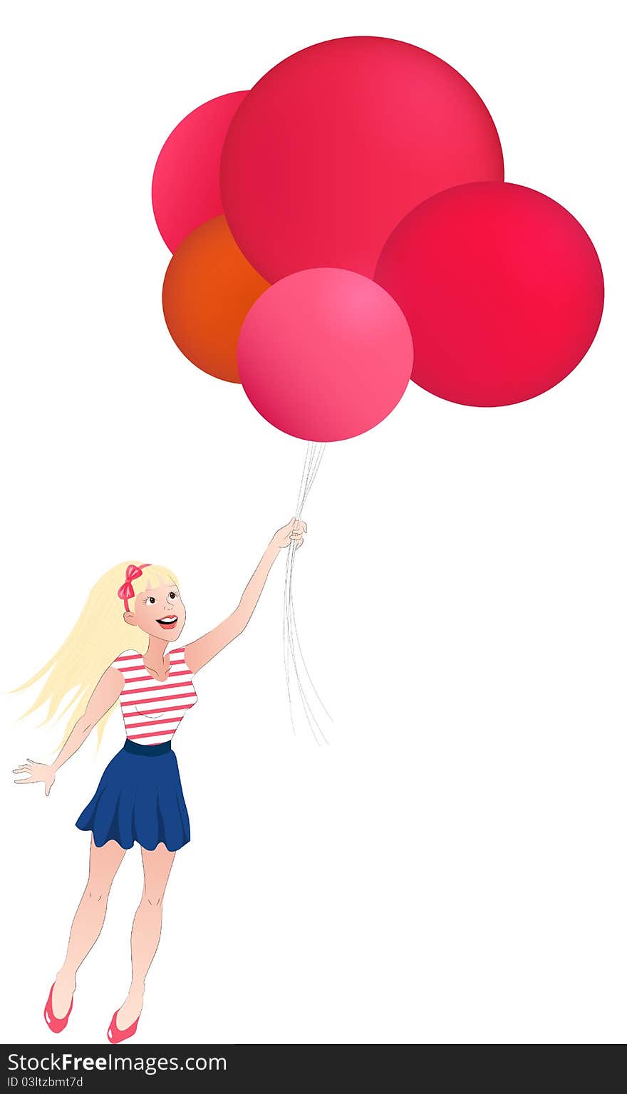 Flying girl with red, pink and orange balloons