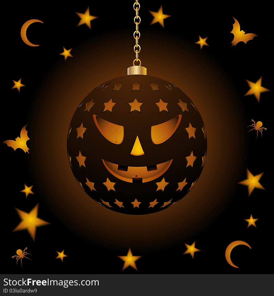 Circular lantern with halloween face surrounded by moons, stars, bats and spiders. Circular lantern with halloween face surrounded by moons, stars, bats and spiders