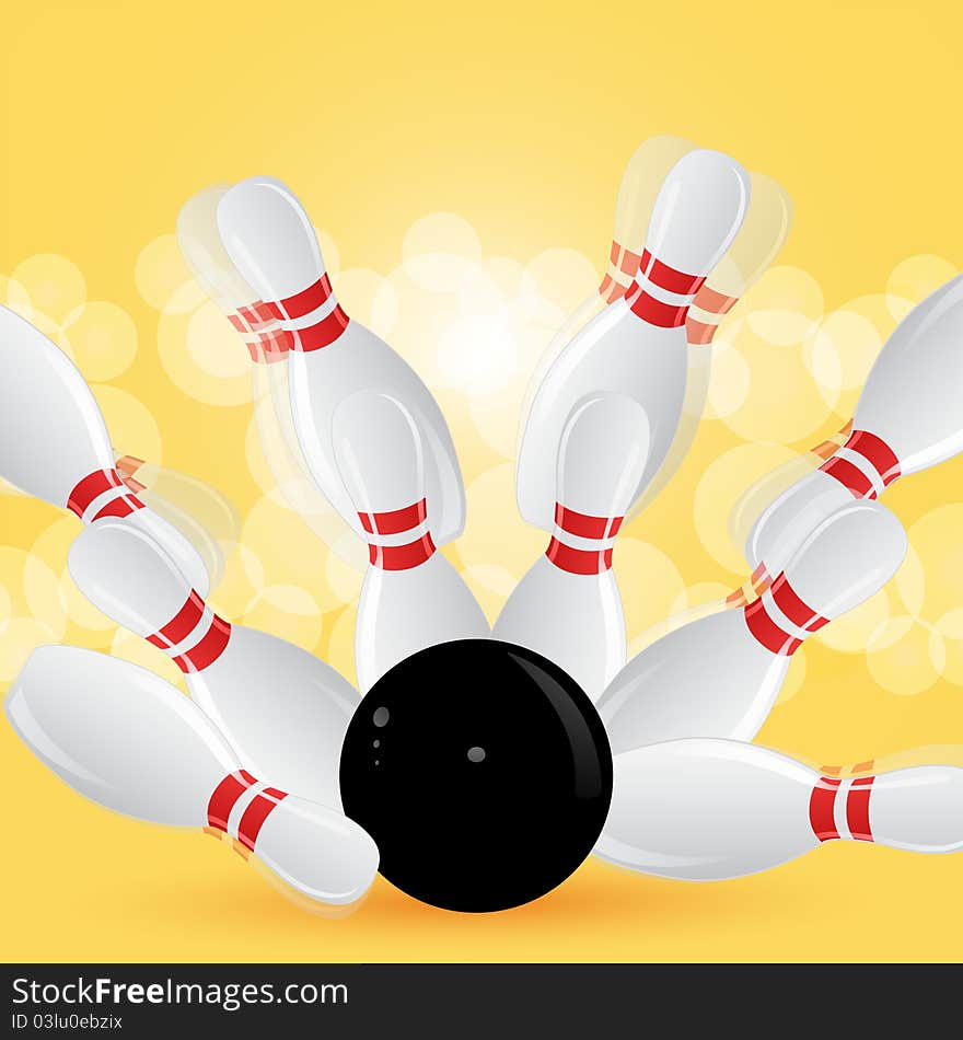 Bowling strike with blurred pins on an orange background. Bowling strike with blurred pins on an orange background