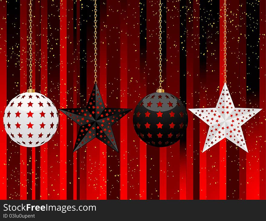 Black and white Christmas baubles with red stars on a red background with gold sparkles