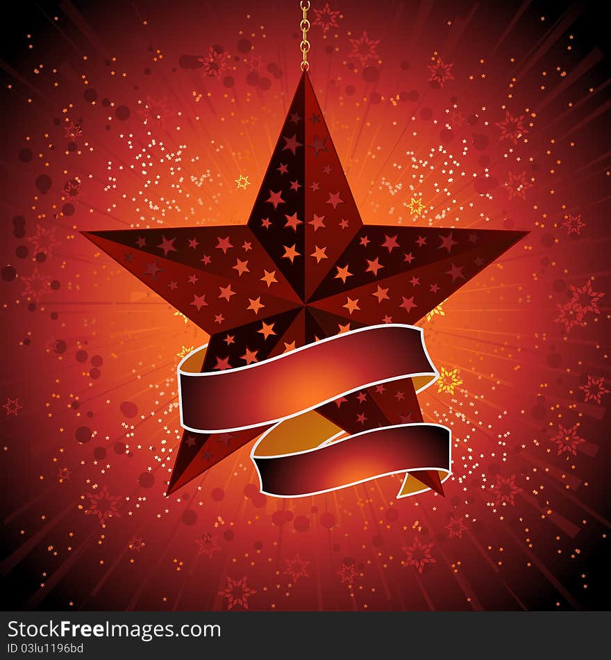 Red christmas star with banner hanging from a gold chain on a red starburst background. Red christmas star with banner hanging from a gold chain on a red starburst background