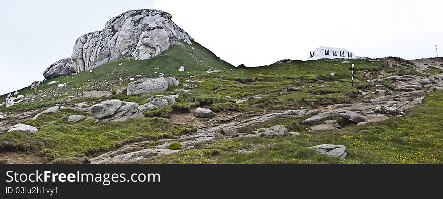 Panorama background in Carpathians. Beautiful montains and landscape in Romania.