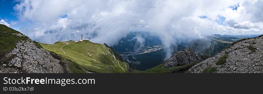 Panorama background in Carpathians. Beautiful montains and landscape in Romania.