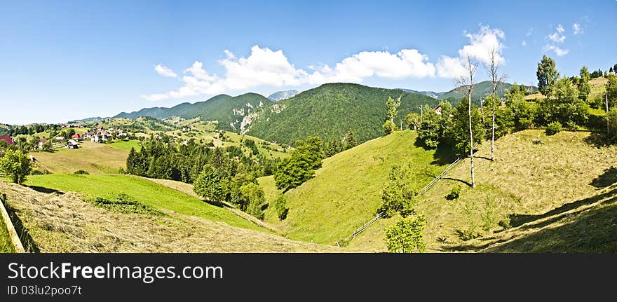 Panorama background in Carpathians. Beautiful montains and landscape in Romania.