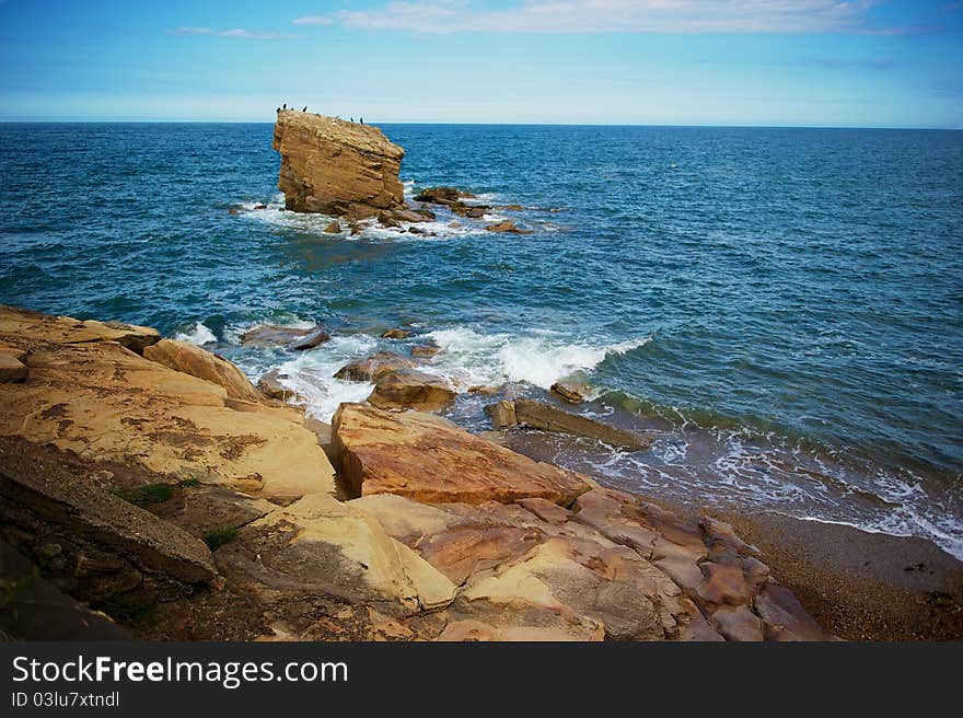 The Rock.  Seabirds nesting on large rock on Northumberland coast. The Rock.  Seabirds nesting on large rock on Northumberland coast