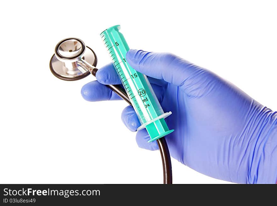 Syringe and rubber glove with hand