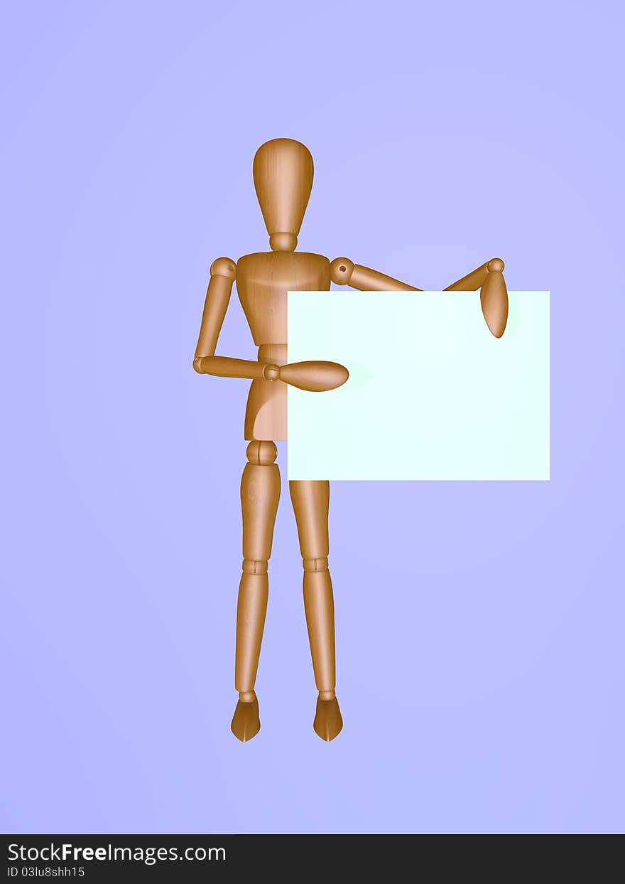 An isolated model of wooden man giving a presentation with empty board.