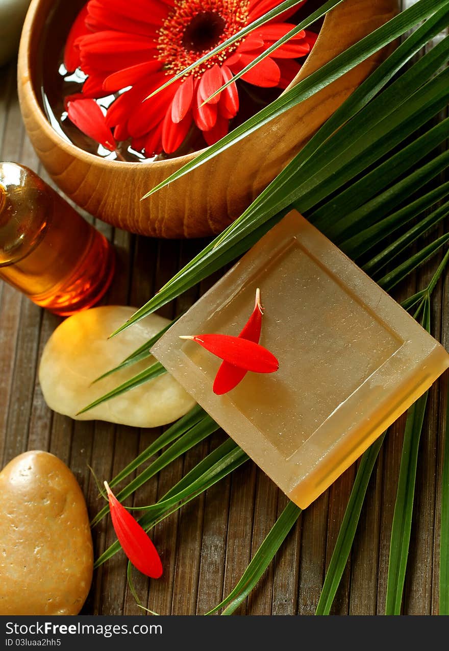 Spa composition of soap, stones and flowers