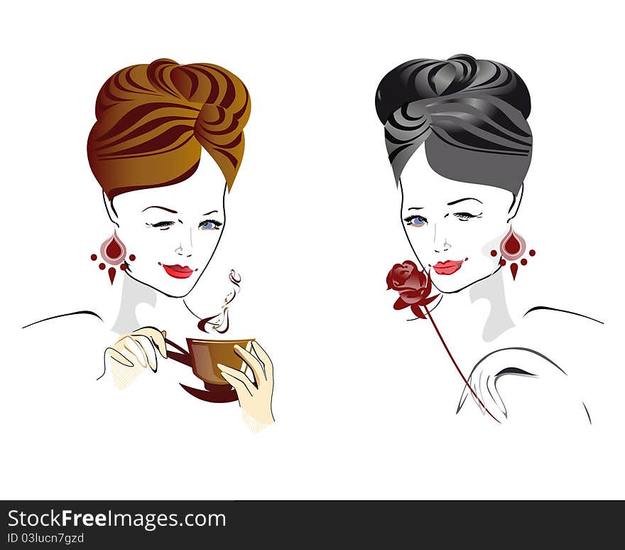 Silhouettes of women's faces winking. Silhouettes of women's faces winking