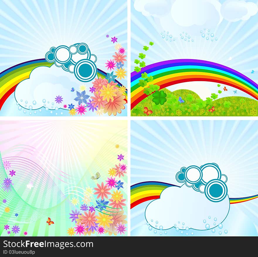 Beautiful blue cartoon cloud green happy nature pretty rainbow rays sky. Beautiful blue cartoon cloud green happy nature pretty rainbow rays sky