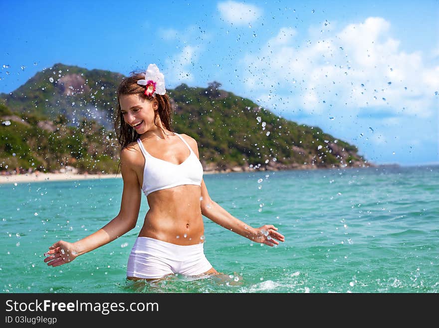 Young female playing in open water. Young female playing in open water