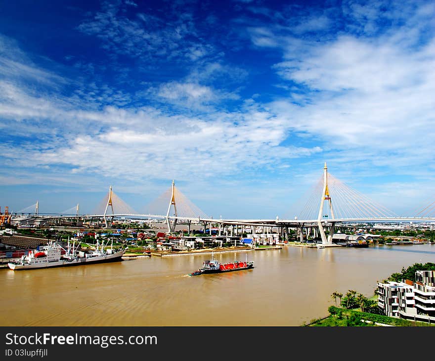 Bhumibol Bridge in Thailand with blue sky. Bhumibol Bridge in Thailand with blue sky.