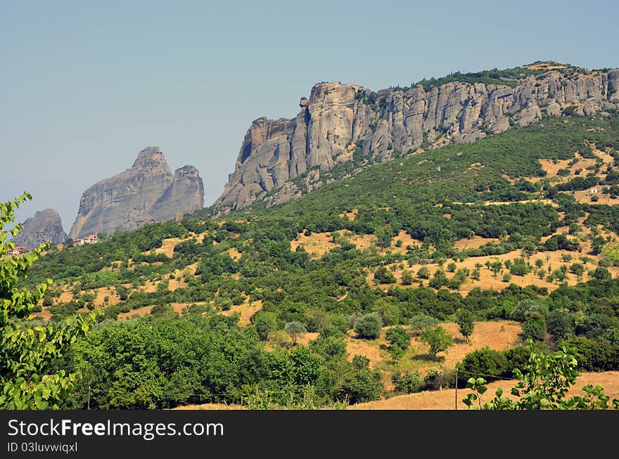 Meteora mountain landscape near Kalambaka city in Greece