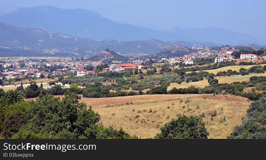 View of Kalambaka city from Meteora mountains in Greece