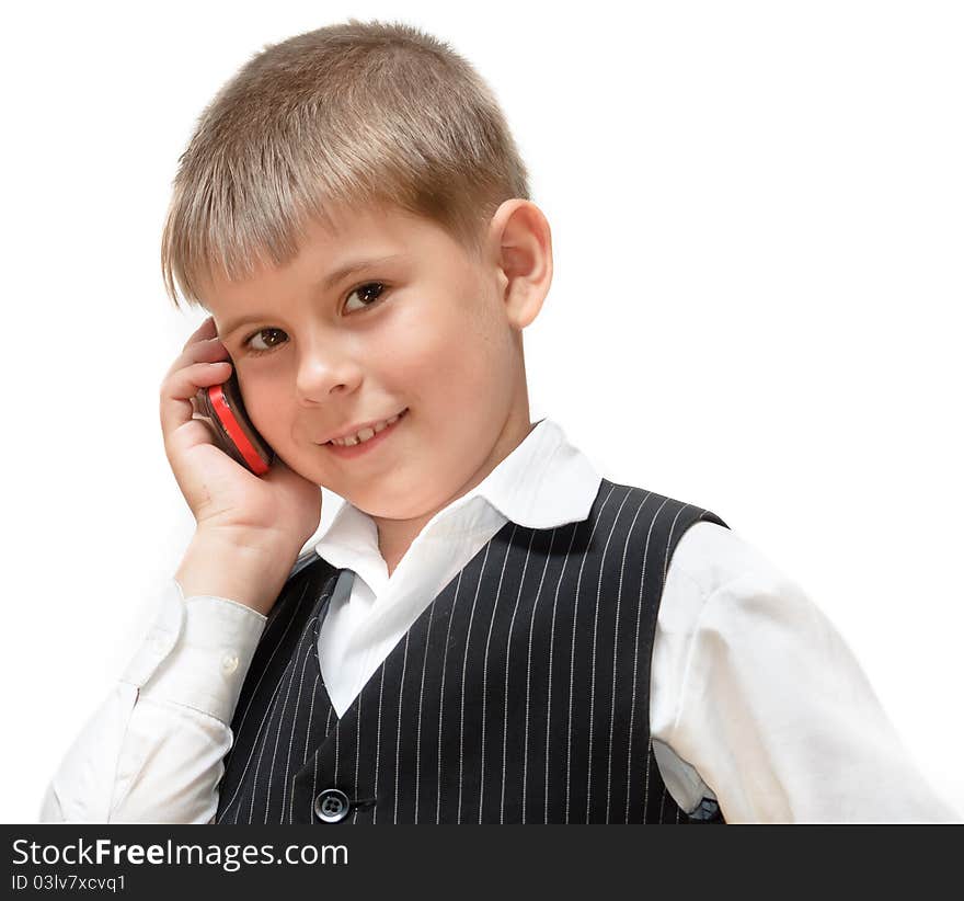 A boy with a cell phone. Isolated on white background