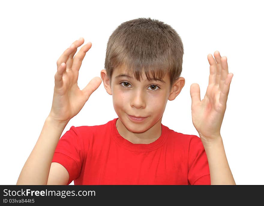 The boy shows emotion gestures. Isolated on white background