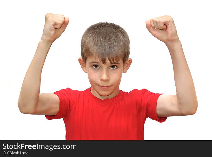 The boy shows emotion gestures. Isolated on white background