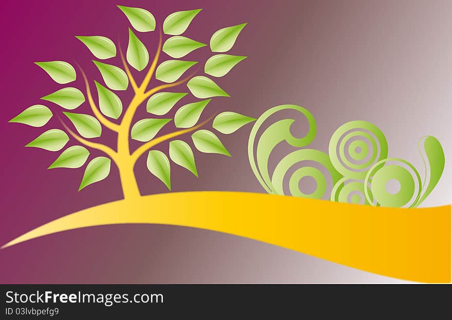 Illustration of tree and decorations, yellow green and violet