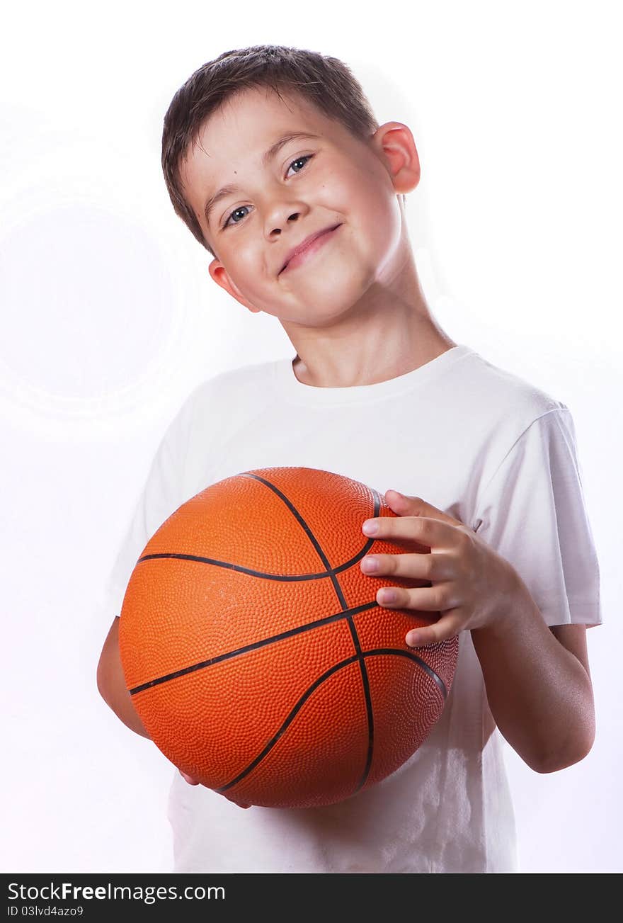 Boy has ball for game in basketball isolated on white. Boy has ball for game in basketball isolated on white