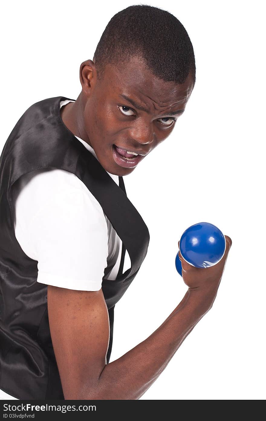 Black young man lifting weights