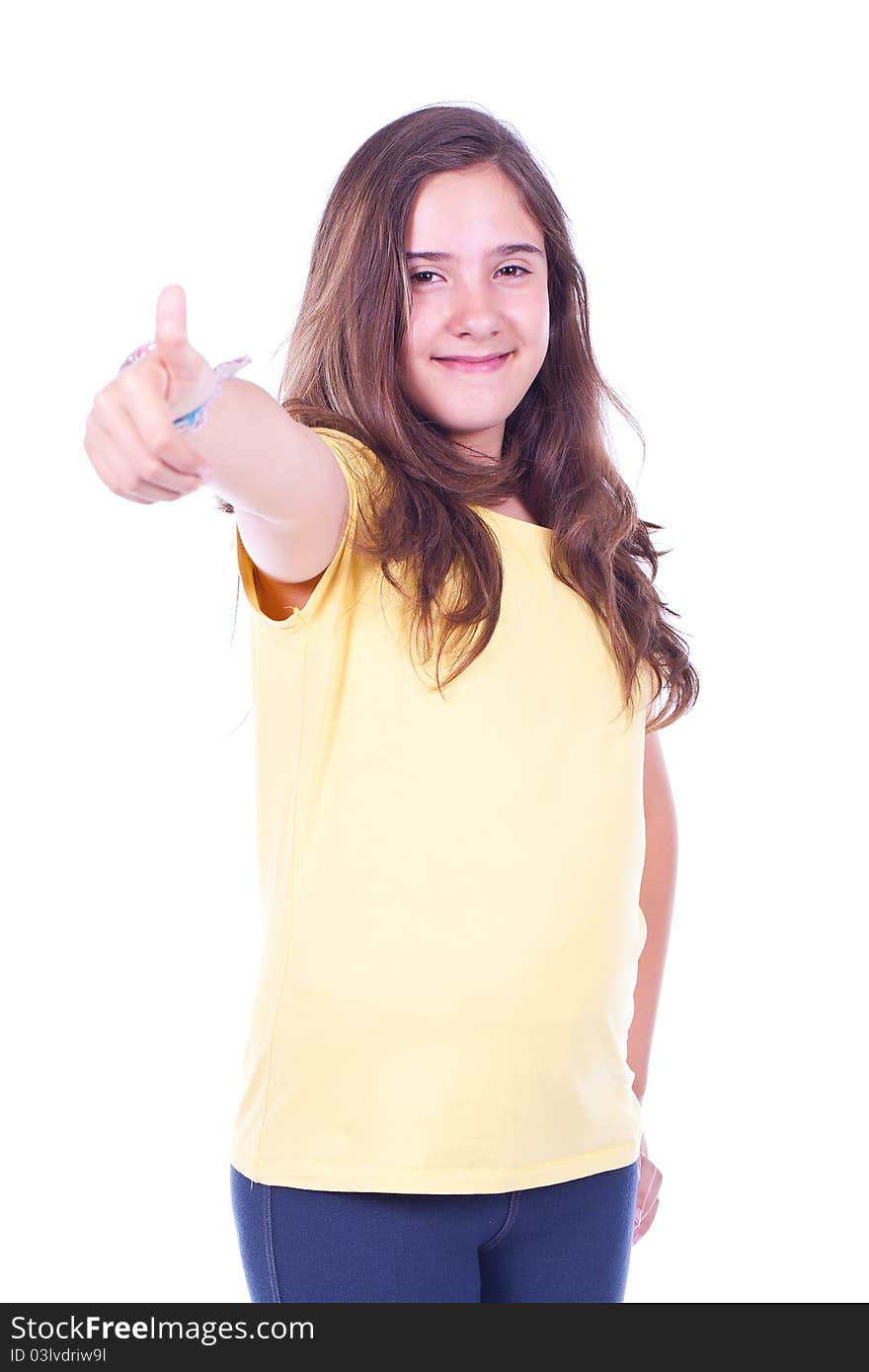 Beautiful and young teenage girl doing thumb up