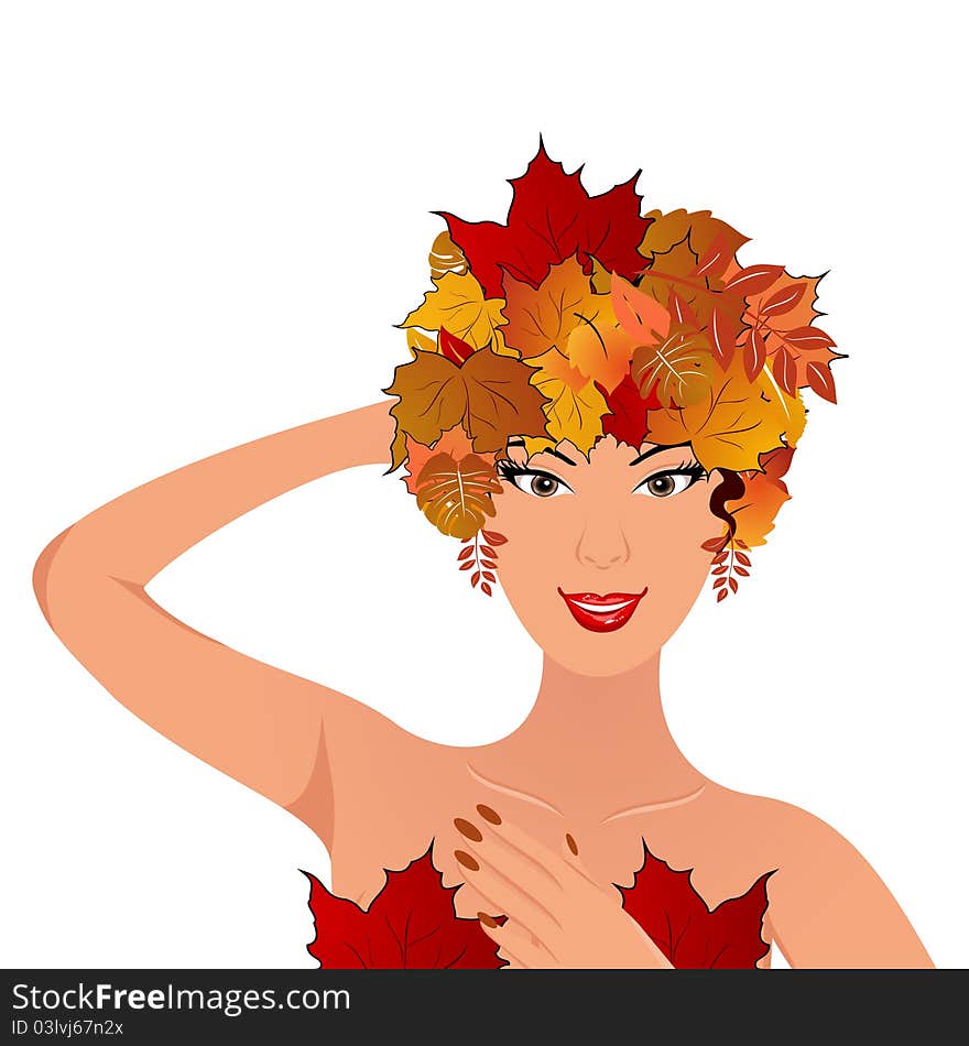 Illustration elegant autumn girl with leaves - vector