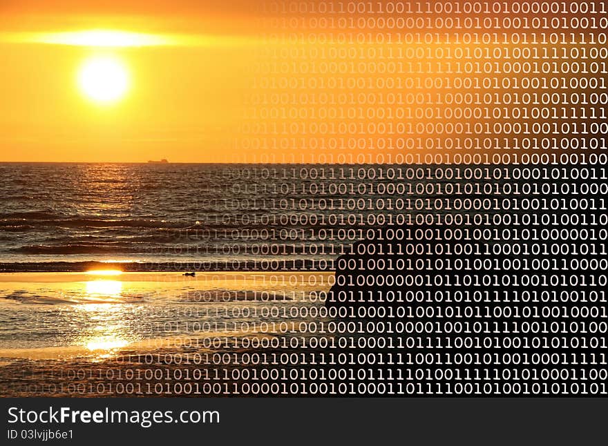 Photo of orange sunset with binary code depicting digital imaging. Photo of orange sunset with binary code depicting digital imaging