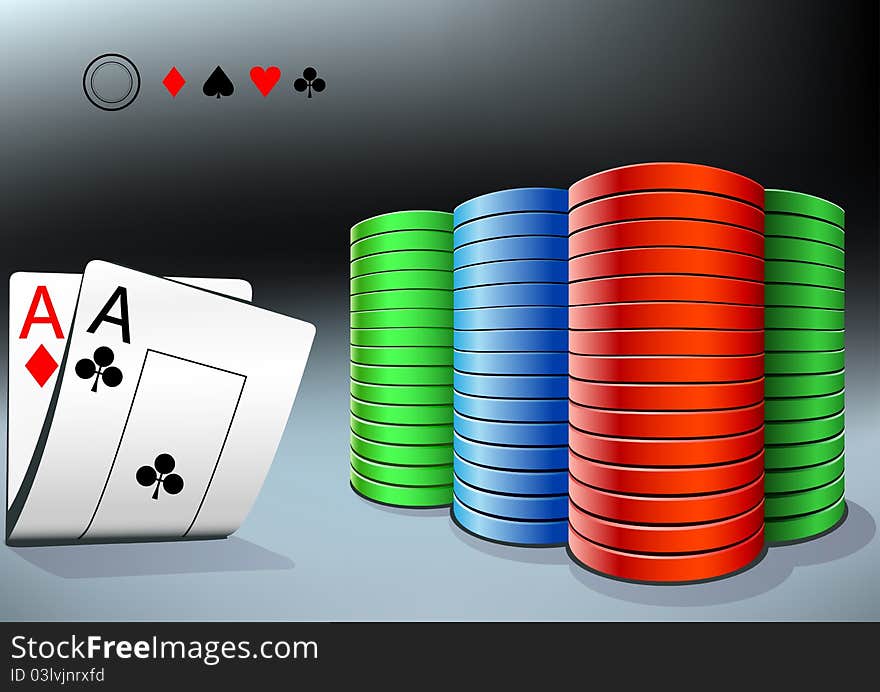 Poker stack and two aces on the dark background. Poker stack and two aces on the dark background