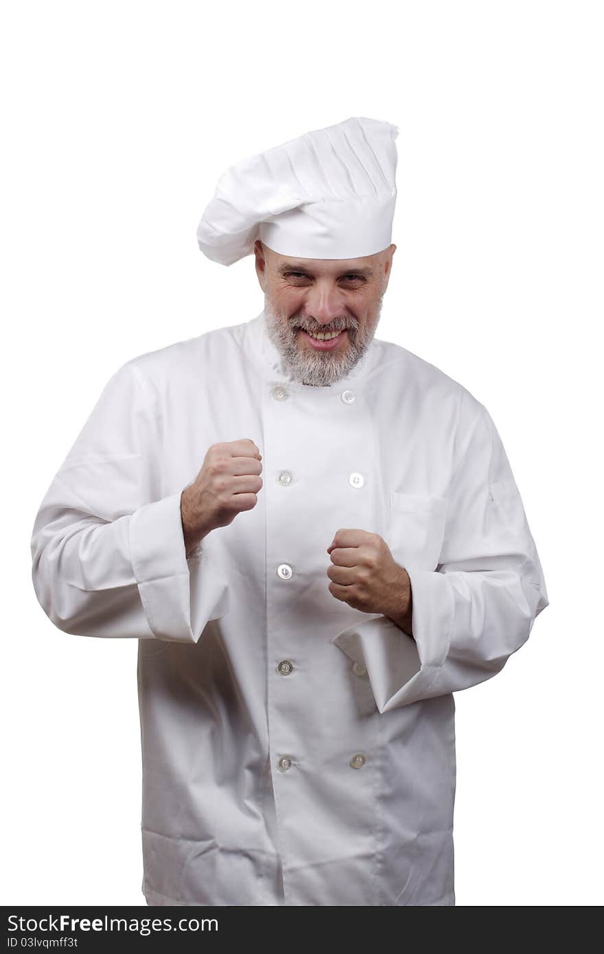 Portrait of a chef in a chef's hat and uniform isolated on a white background.