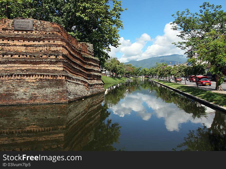 Chiangmai moat and acient wall in clear sky day.