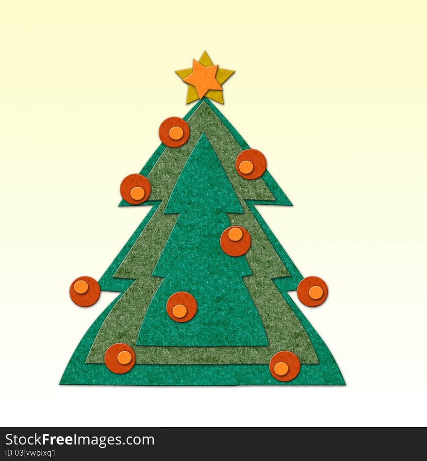 Felt Christmas tree with decoration. Handmade style illustration