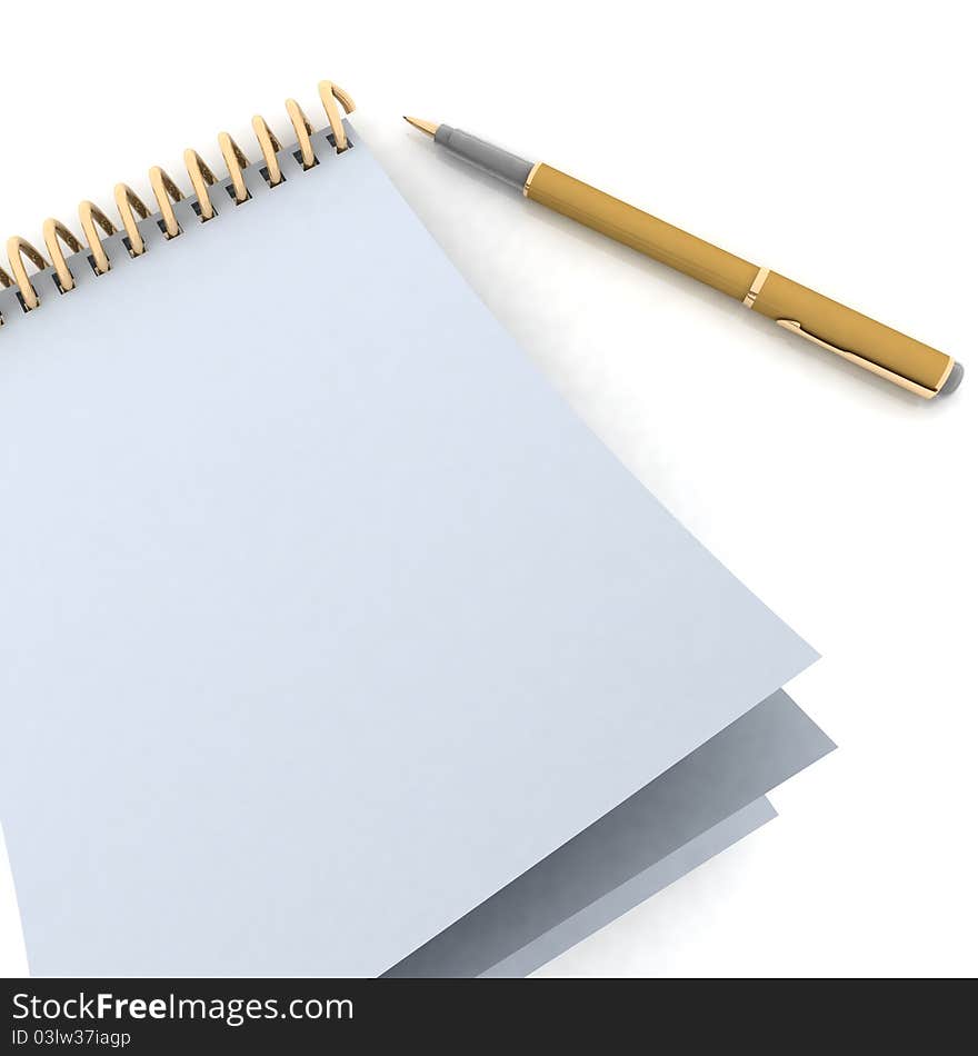 Notebook and pen on white background