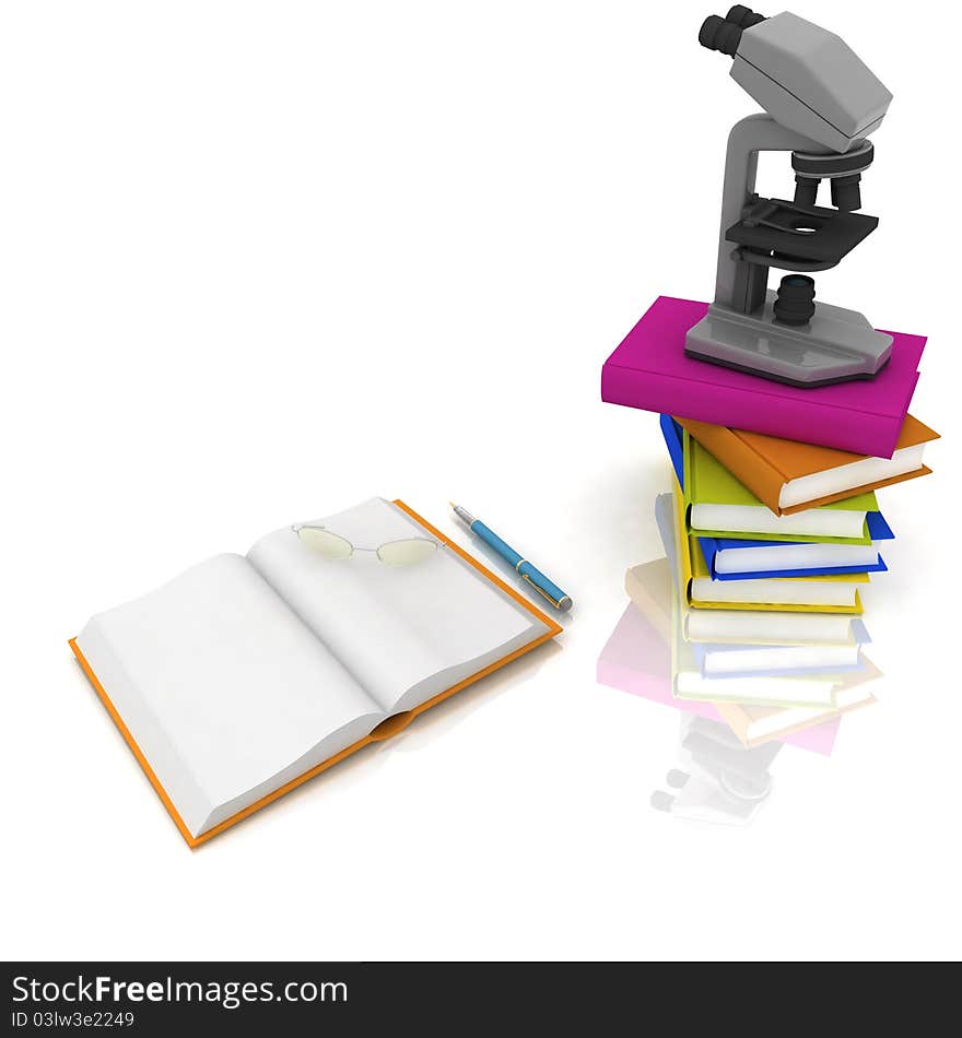 Books with a microscope and glasses on white background