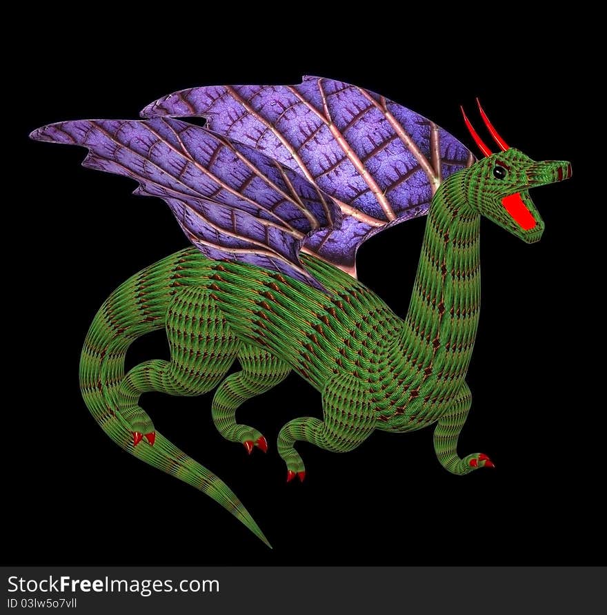 Running green dragon with wings on a black background. Running green dragon with wings on a black background