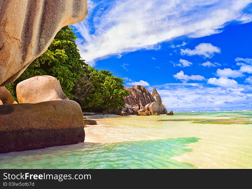 Beach Source d'Argent at Seychelles - nature background