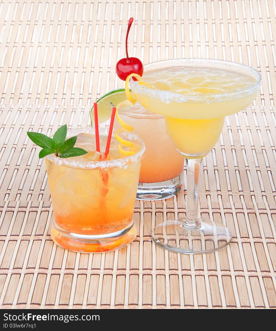 Margarita cocktail, Long island iced tea and tequila sunrise cocktails with alcohol