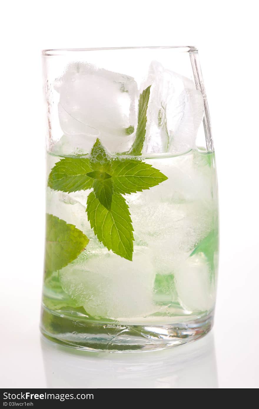 Tall drink with mint and ice on green background