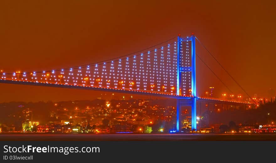 From the Asian coast view of the Europe  and Bogazici Kpr bridge at night, Istanbul Turkey. From the Asian coast view of the Europe  and Bogazici Kpr bridge at night, Istanbul Turkey