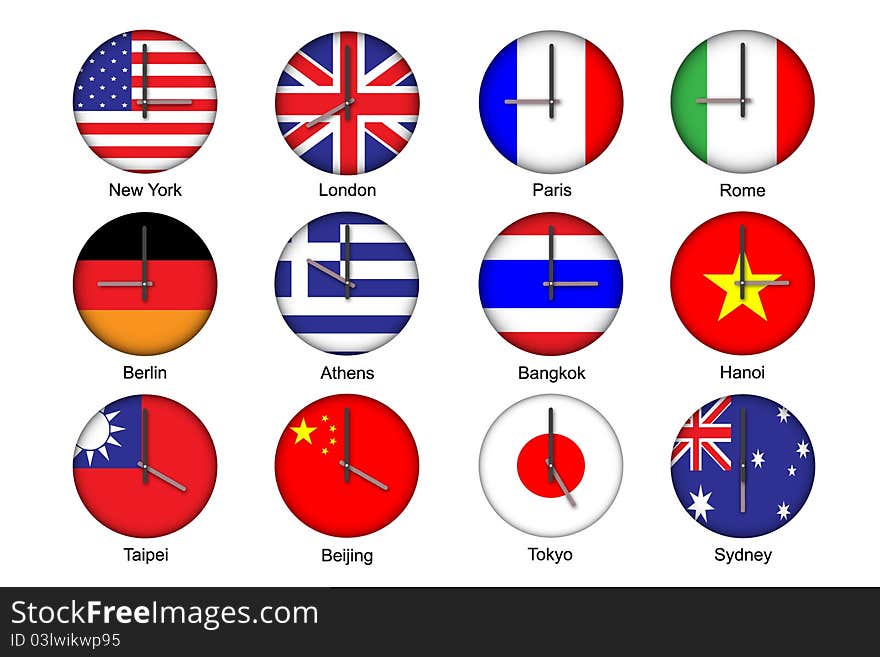 Vector illustration of different time zone clock with flag pattern