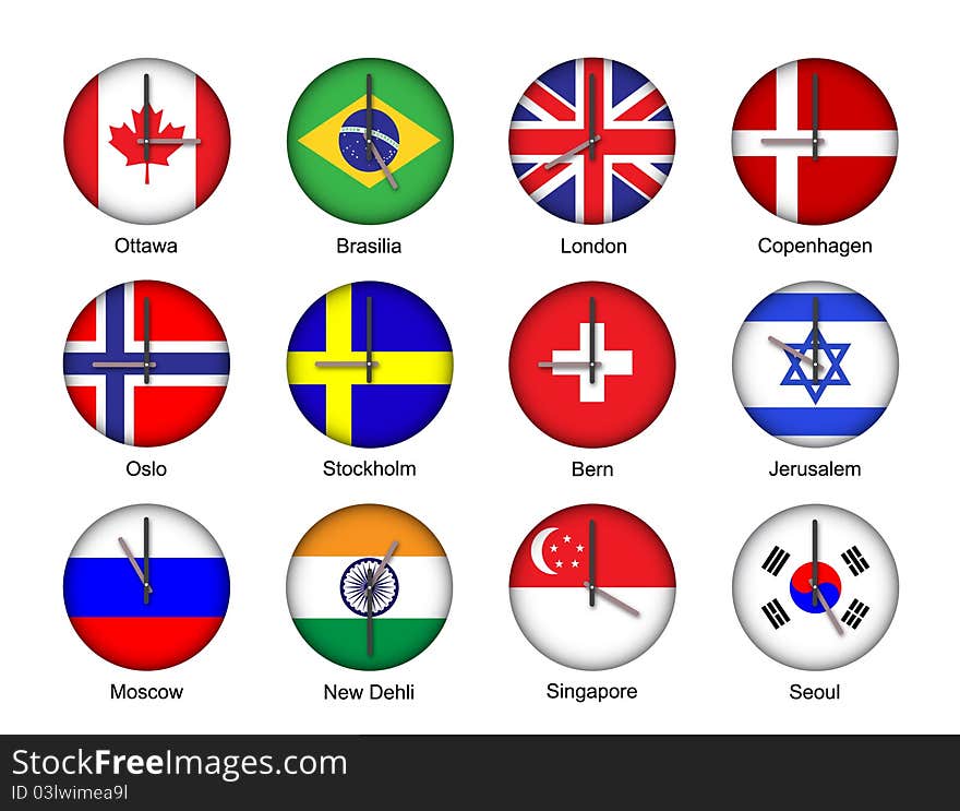 Vector illustration of different time zone clock with flag pattern