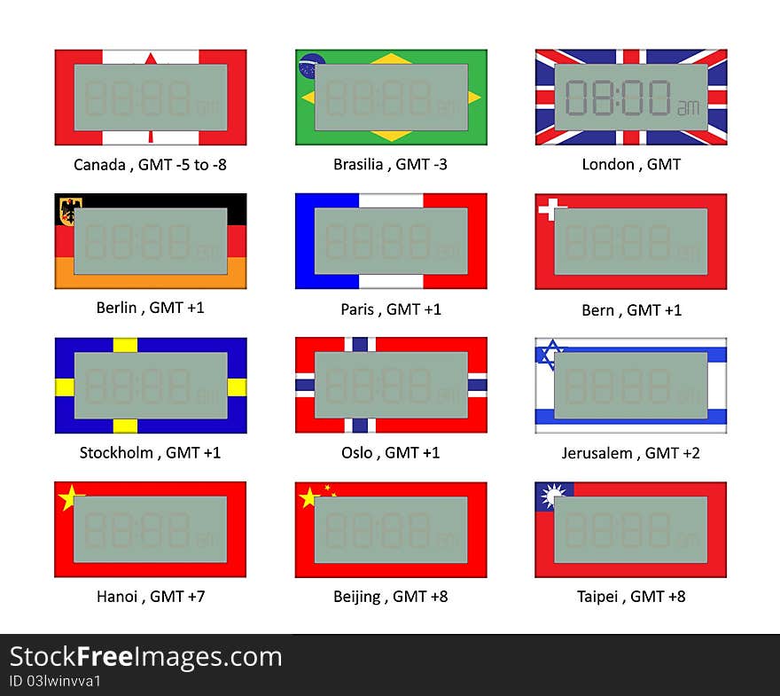 Vector illustration of different time zone digital watch with flag pattern