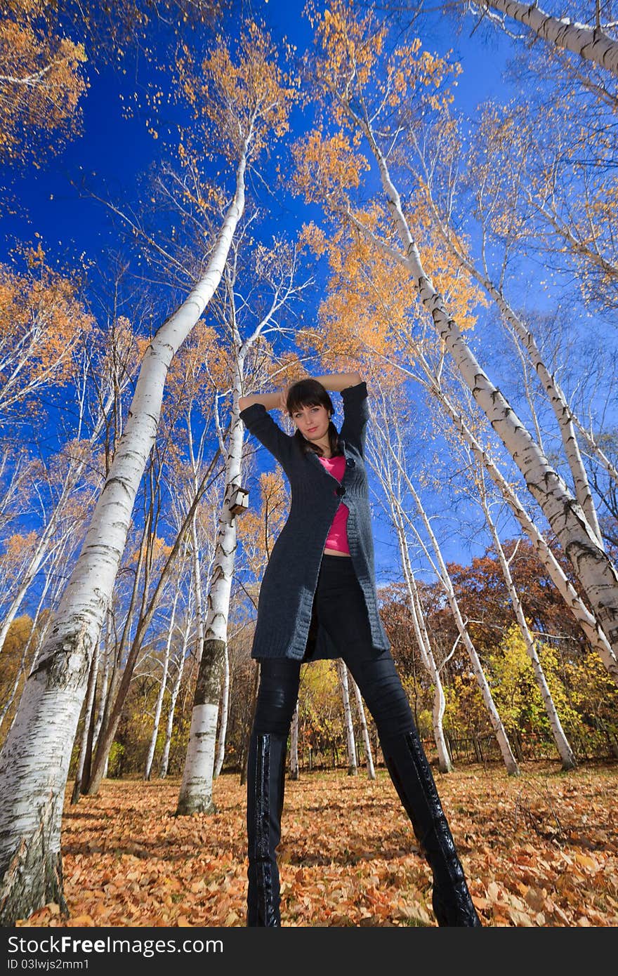 Active young girl resting in a birch grove