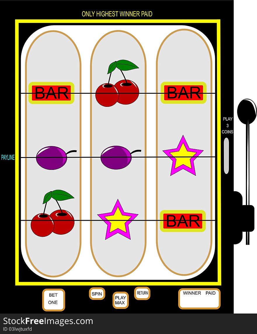 Slot machine on white illustration with cherries,grapes,and stars