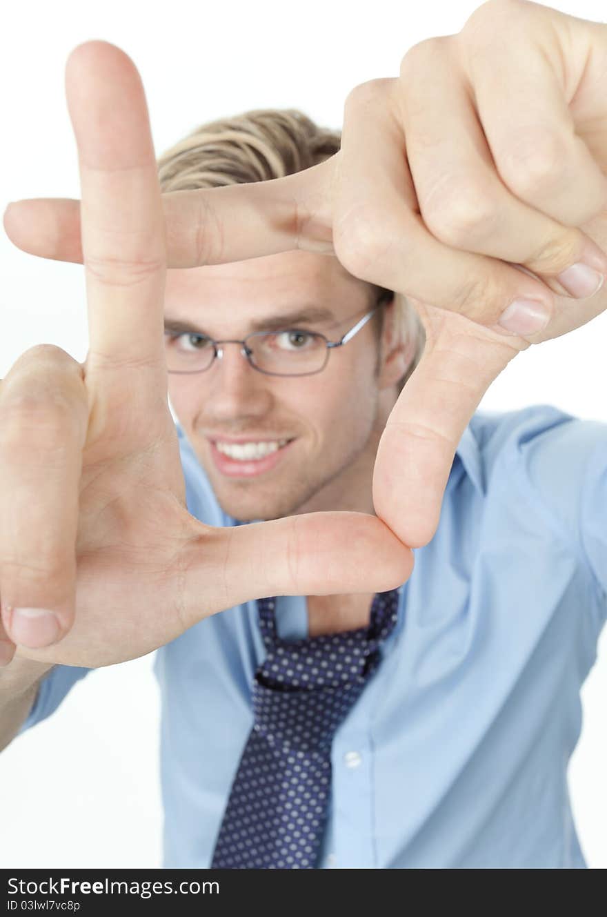 Businessman showing you a sign. Businessman showing you a sign